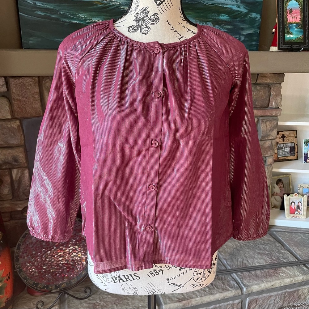NWOT Cat & Jack Buttoned Front Long Sleeve Shiny Blouse Burgundy M 7/8